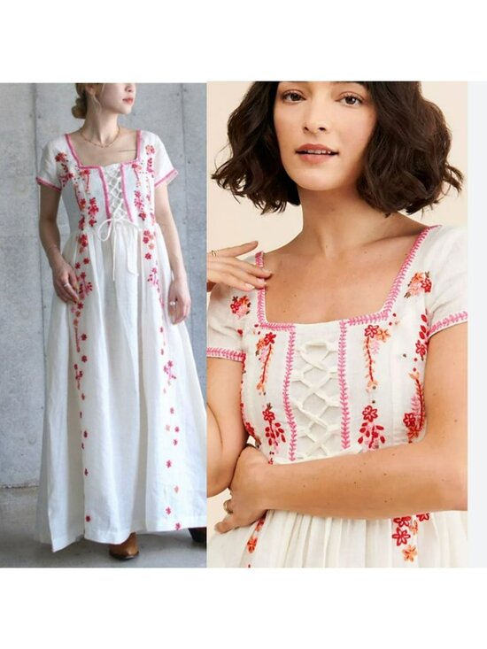 TACH Dresses & Skirts - Tach Clothing Raffaella Free People White Pink Linen Floral Embroidered Dress